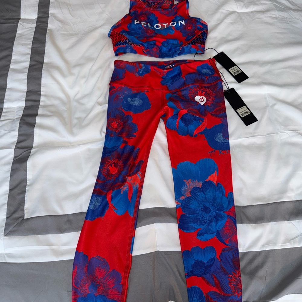 Peloton x Emma Lovewell Floral Red and Blue Leggings and Bra set